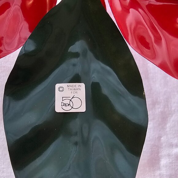 Vtg DEPT 56 3.25" H x 7" Poinsettia Candle Holder Enameled Red & Green Leaves - Picture 4 of 5